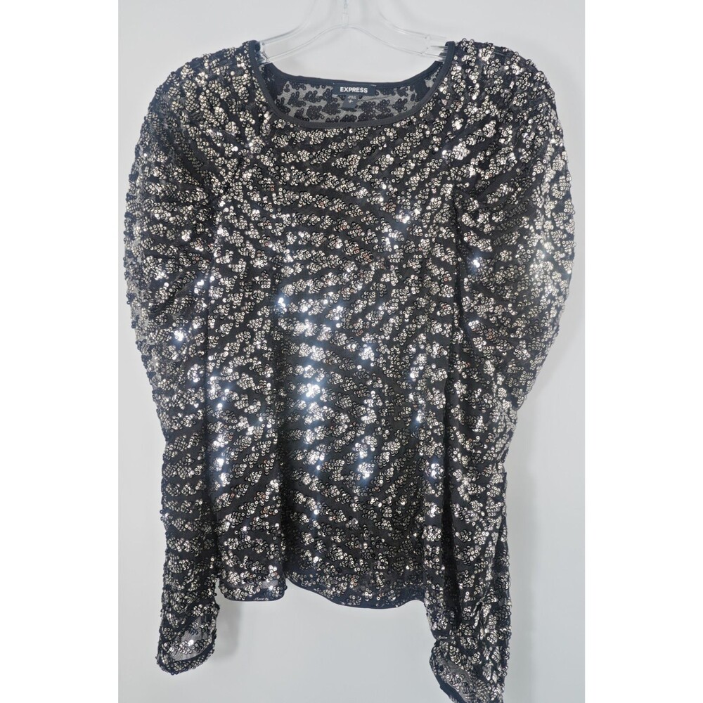 Express Size M Black Sequin Puff Sleeve Sweetheart Neckline Ruched Party Blouse